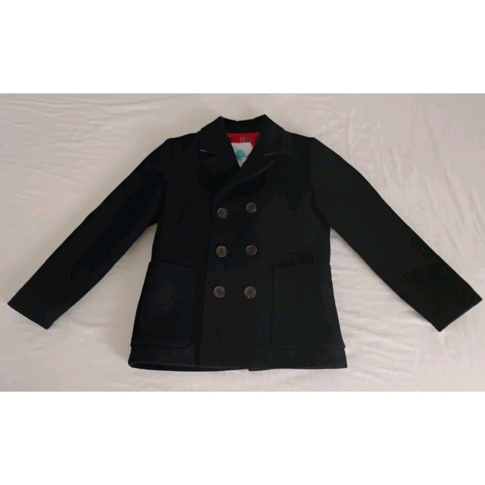 Mini Boden Boy's Navy Wool Pea Coat 7-8 Yr GC Plaid Flannel Lining Preppy Rare